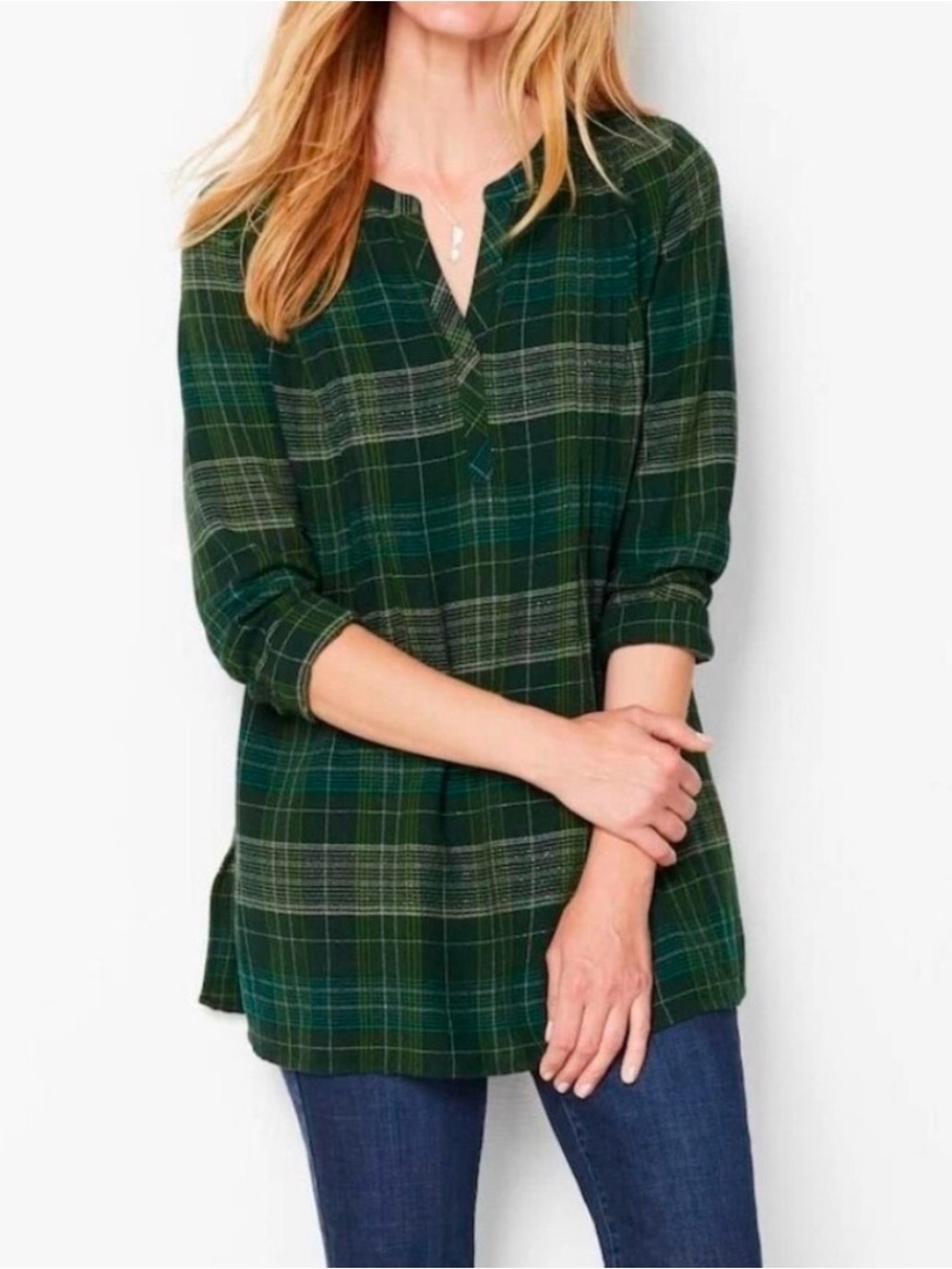 J. Jill Green Plaid Pintucked Popover Tunic